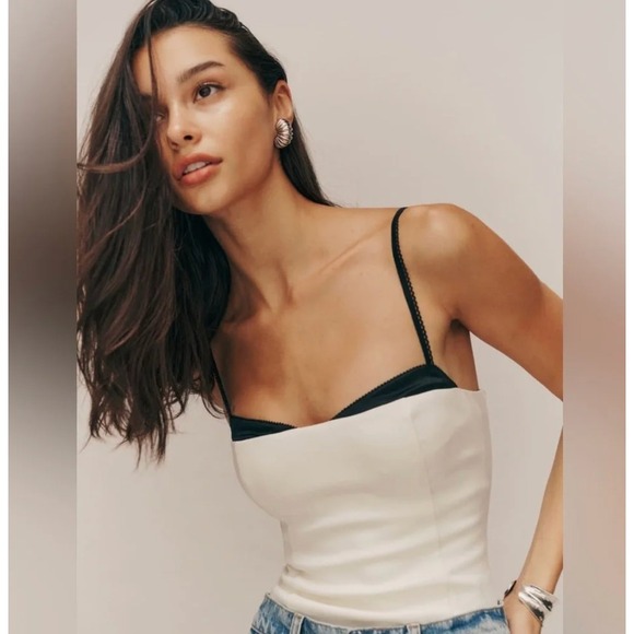 Reformation Tops - Reformation Melanie Top Ivory Black Silk Trim Smocked Back Camisole Size 12 Lux